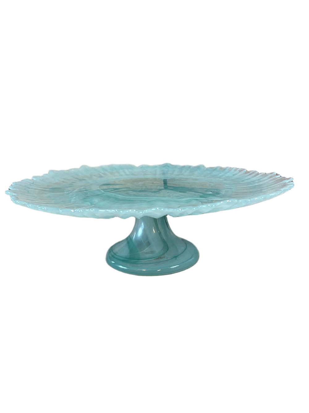 Anthropologie Alma sea glass blue scalloped edge cake stand